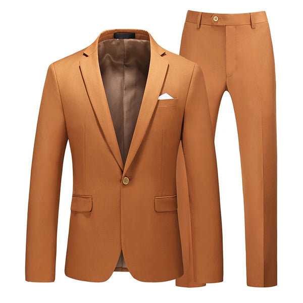 Slim Fit Men's Suit Set with jacket and trousers, perfect for weddings and formal events in various colors.
