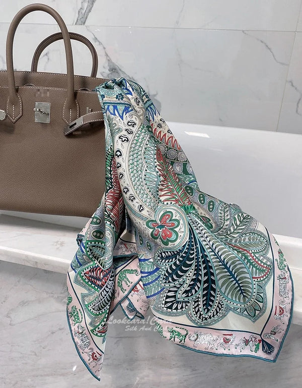 Model demonstrating various ways to wear the versatile scarf.