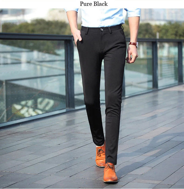 Elegant Men's Slim Fit Dress Pants in solid black, perfect for formal attire and everyday office wear, made from durable poly