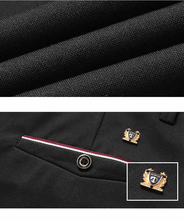 Elegant men's slim fit dress pants in solid black, perfect for formal attire and versatile office wear. Machine washable poly