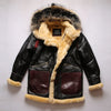 Luxury men's shearling leather bomber jacket in rich brown color.