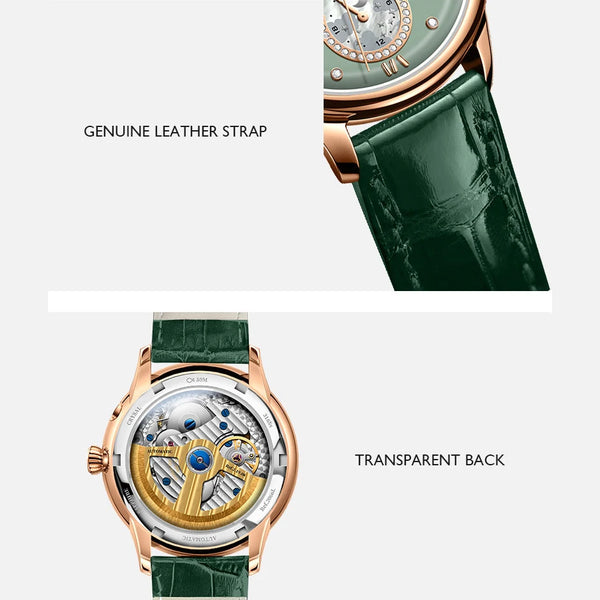 Close-up of LOBINNI watch showcasing its luminous sapphire crystal.