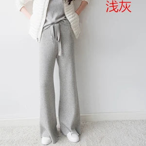 Luxe cashmere blend wide-leg pants for women, featuring a high waist, soft fabric, and comfortable elastic waistband.