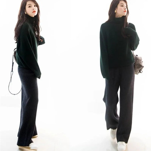 Luxe cashmere blend wide-leg pants for women, featuring a high waist, soft fabric, and comfortable elastic waistband.