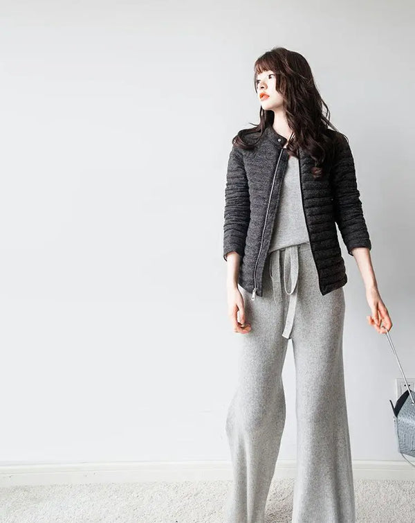 Luxe cashmere blend wide-leg pants for women, featuring a high waist, soft fabric, and comfortable elastic waistband.