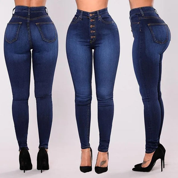 High-waist stretch skinny jeans for women in light vintage wash, featuring a button fly and slim fit for stylish comfort.