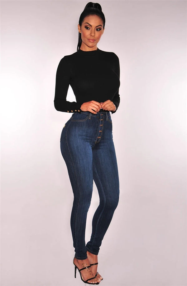 High-waist stretch skinny jeans for women in light vintage wash, featuring a button fly and slim fit for stylish comfort.