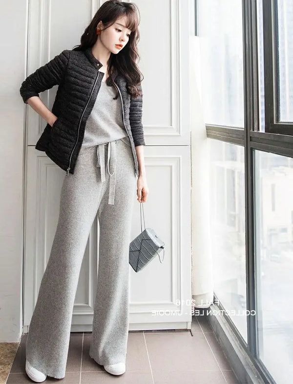 Luxe cashmere blend wide-leg pants for women, featuring a high waist, soft fabric, and comfortable elastic waistband.