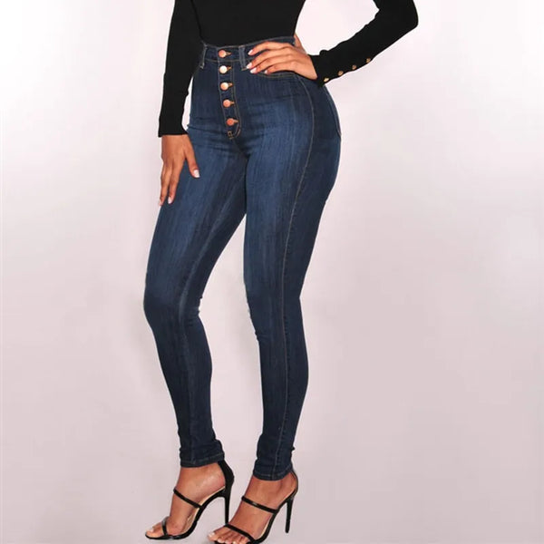High-waist stretch skinny jeans for women in light vintage wash, featuring a button fly and slim fit for stylish comfort.