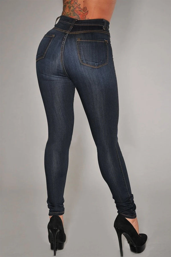 High-waist stretch skinny jeans for women in light vintage wash, featuring a button fly and slim fit for stylish comfort.