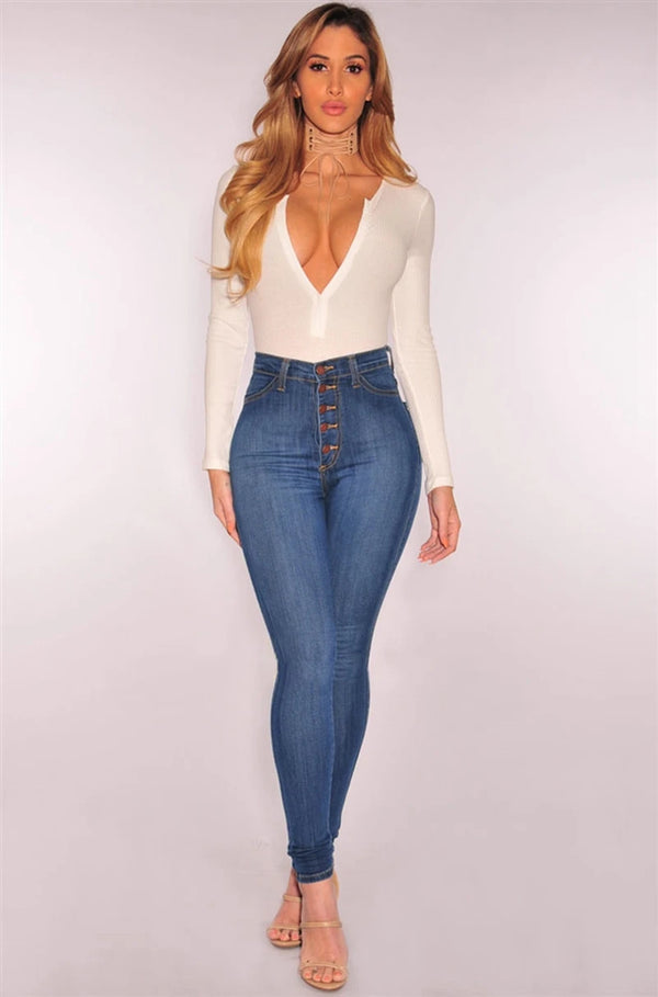 High-waist stretch skinny jeans for women in light vintage wash, featuring a button fly and slim fit for stylish comfort.