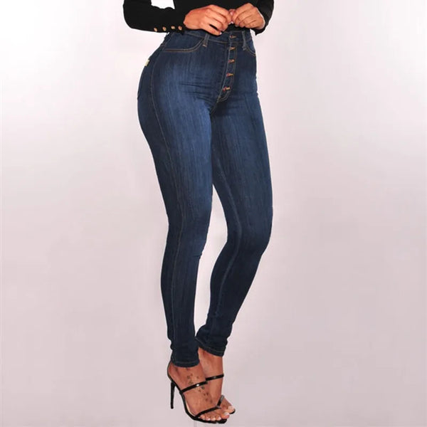 High-waist stretch skinny jeans for women in light vintage wash, featuring a button fly and slim fit for stylish comfort.