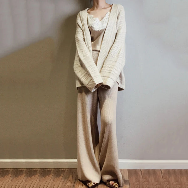 Luxe cashmere blend wide-leg pants for women, high-waist, soft knitted fabric, perfect for autumn and winter casual wear.