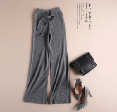 Luxe cashmere blend wide-leg pants for women, featuring a high waist, soft fabric, and comfortable elastic waistband.