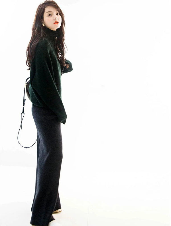 Luxe cashmere blend wide-leg pants for women, featuring a high-waist, soft fabric, and comfortable elastic waistband.