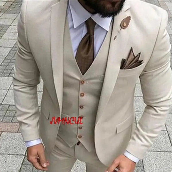 Beige slim fit wedding tuxedo suit 3-piece set for men, perfect for formal events, weddings, and special occasions.