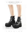 Black PU platform boots with decorative metal chains and side zipper entry