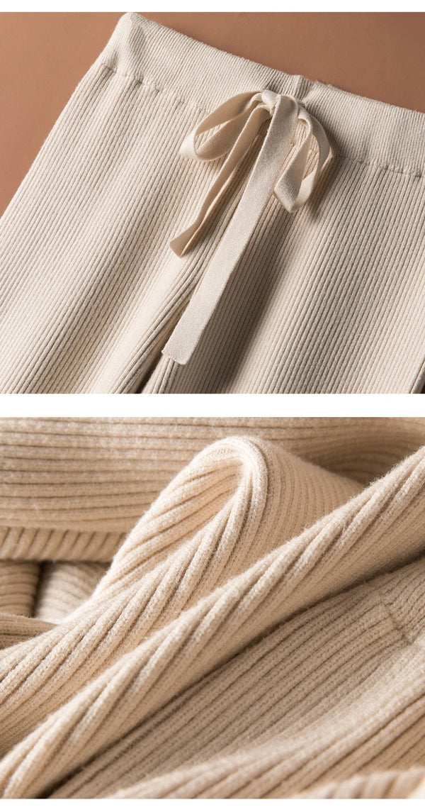 Luxe cashmere blend wide-leg pants for women, high-waist, soft knitted fabric, perfect for autumn and winter casual wear.