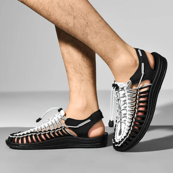 Men's handcrafted beach sandals with woven breathable texture and EVA comfort