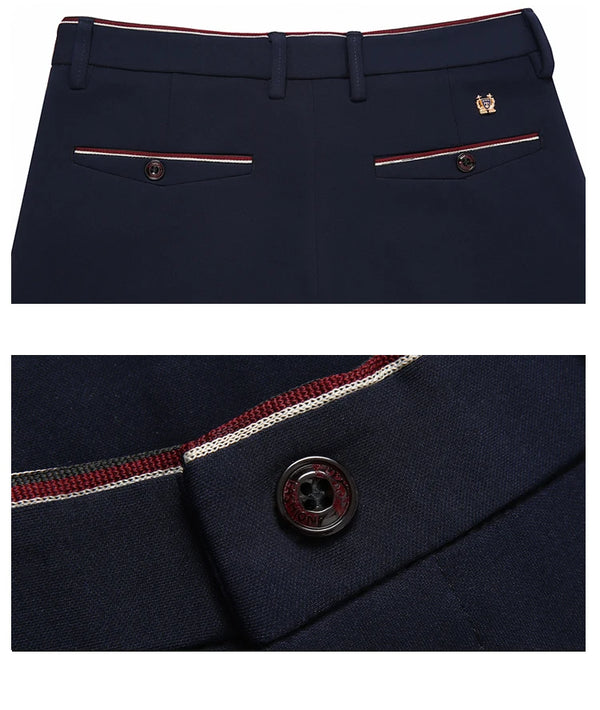 Elegant men's slim fit dress pants in solid black, perfect for formal attire and everyday office wear, made from premium poly