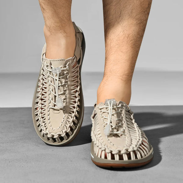 Men's slip-on beach sandals featuring handwoven breathable design and elastic fit