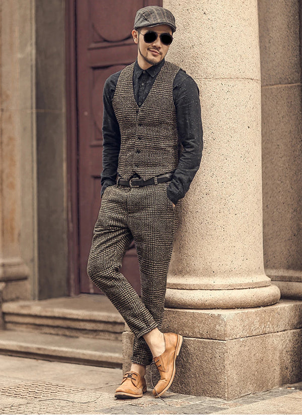 Classic wool tweed suit pants for men in coffee brown, slim fit, flat-front style, perfect for formal and casual occasions.
