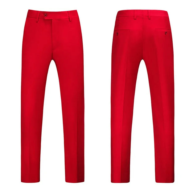Slim Fit Men's Suit Set in white, red, and pink for formal events, featuring a single-breasted jacket and tailored trousers.