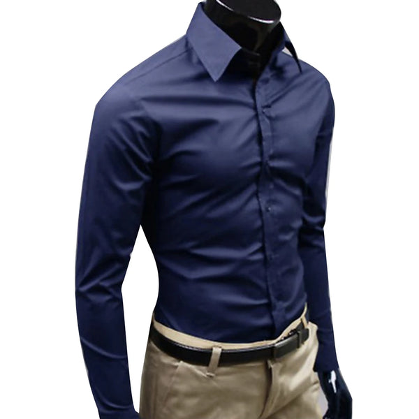 Classic Men's Business Dress Shirt in solid color, long sleeve, slim fit, perfect for office wear and casual outings.