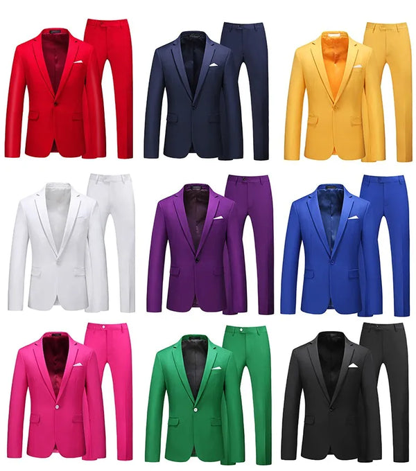 Slim Fit Men's Suit Set in white, red, and pink for weddings and formal events, featuring a single-breasted jacket and trouse
