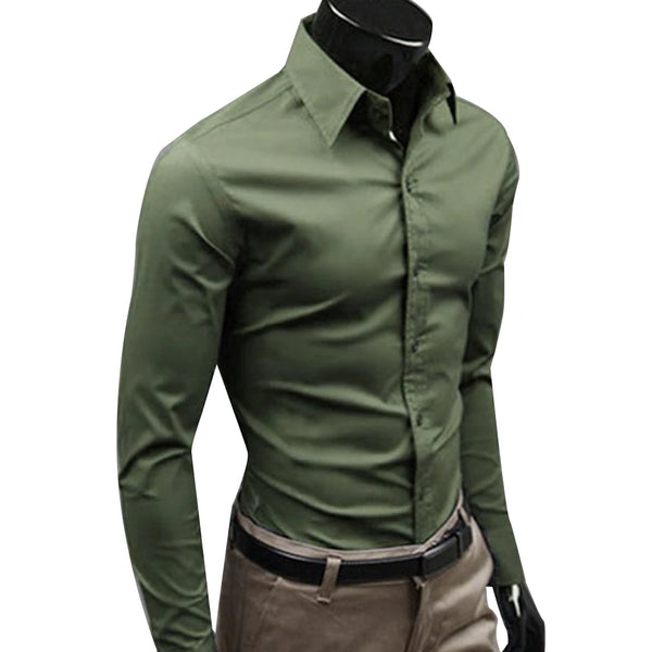Classic Men's Business Dress Shirt in solid color, long sleeve, slim fit, perfect for office wear and casual outings.