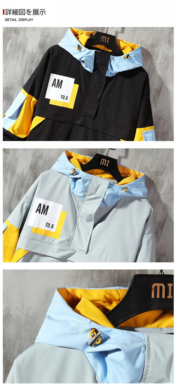Men's hooded windbreaker jacket with color block design, lightweight polyester, zip-up front, perfect for casual wear.