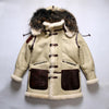 Turn-down collar detail of the men's shearling leather bomber jacket.