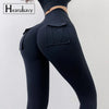 High-waist blue yoga leggings featuring seamless side pockets, breathable fabric.