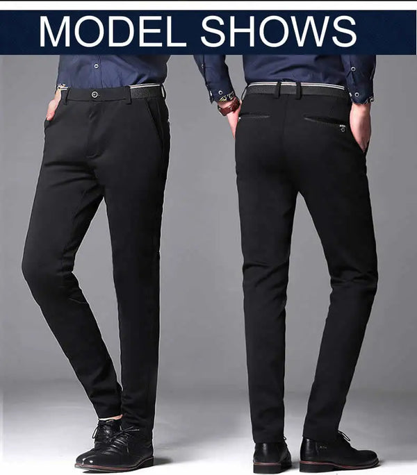 Elegant men's slim fit dress pants in solid black, perfect for formal attire and everyday office wear, made from durable poly