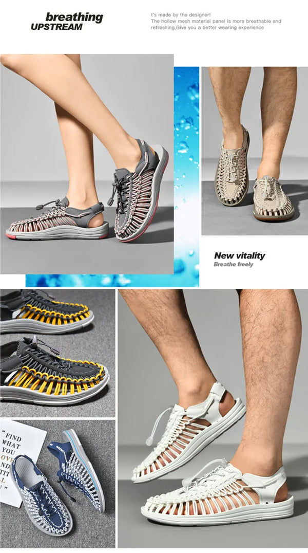 Breathable woven sandals for men featuring elastic closure and lightweight design