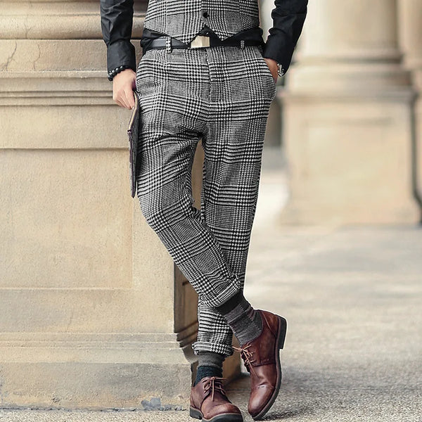 Classic wool tweed suit pants for men in coffee brown, slim fit, flat-front style, perfect for formal and casual occasions.