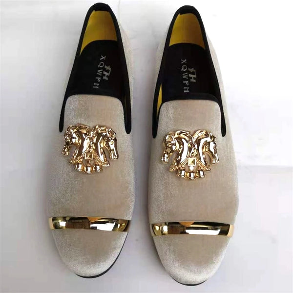 Men's velvet loafers with gold toe decoration, perfect for formal events.