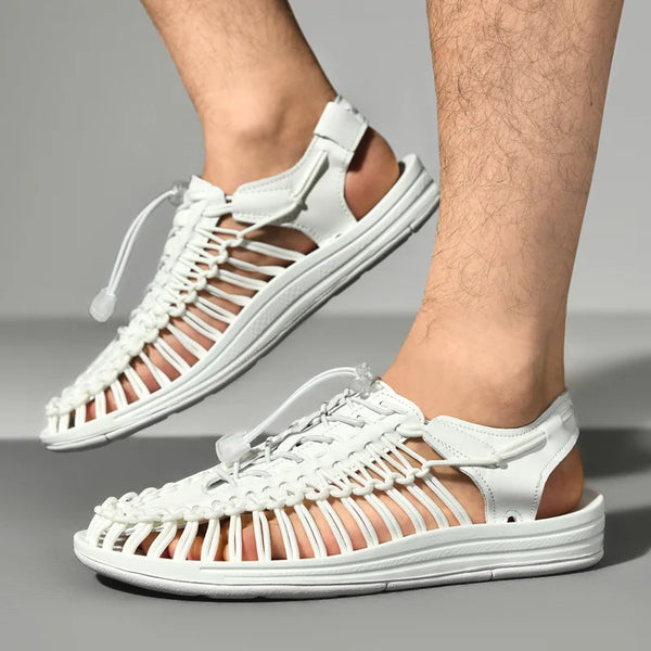 Handwoven men's beach sandals featuring elastic closure and breathable comfort
