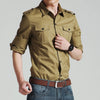 Slim fit military shirts for men in army green and khaki, long sleeve, stylish for business and casual wear.