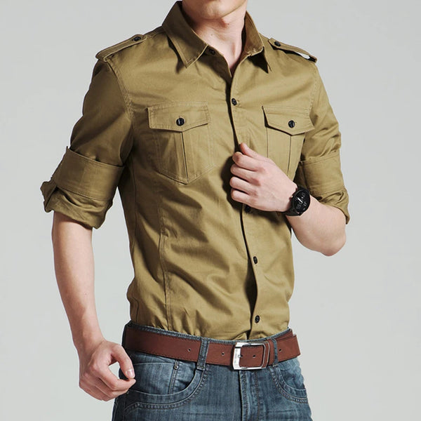 Slim fit military shirts for men in army green and khaki, long sleeve, stylish for business and casual wear.