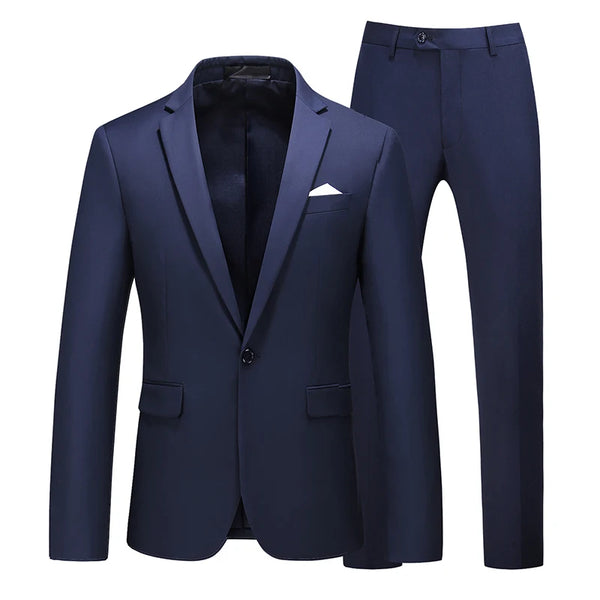 Slim Fit Men's Suit Set with jacket and trousers, perfect for weddings and formal events in various colors.