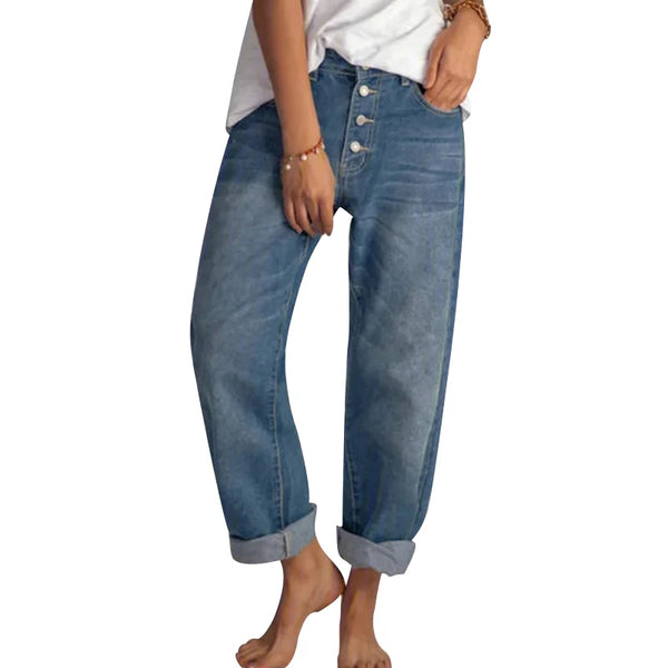 Retro cotton denim jeans featuring high waist, wide legs, and distressed vintage finish