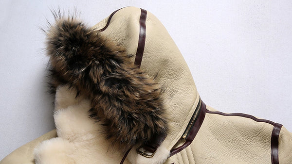 Detail of the bomber jacket's stitching and craftsmanship.