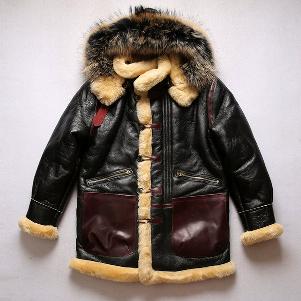 Close-up of the zipper detail on the luxury men's shearling leather bomber jacket.