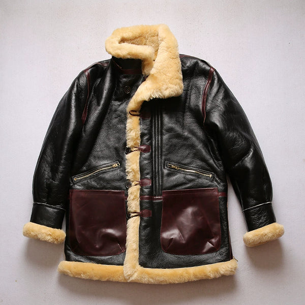 Luxury men's shearling leather bomber jacket with a casual look.