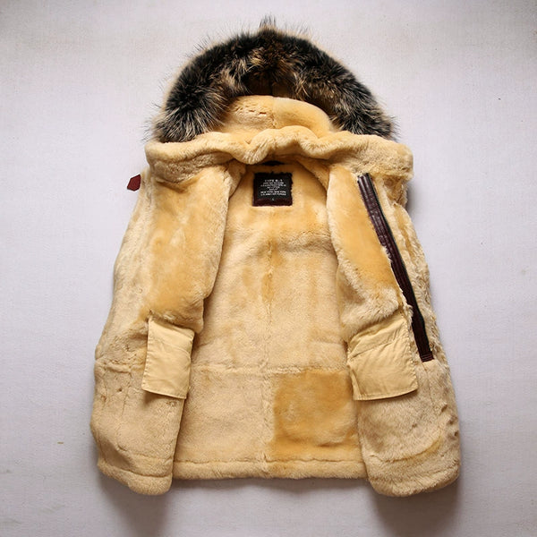 Detail of the plush shearling wool lining in the bomber jacket.