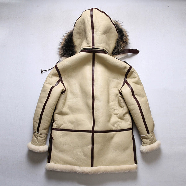 Close-up of the genuine sheep leather texture on the bomber jacket.