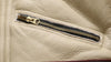 Close-up of the collar on the luxury men's shearling leather bomber jacket.