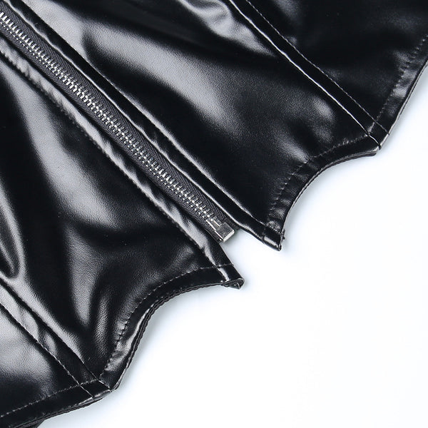 Chic cropped faux leather biker jacket for women with rivet detailing and slim fit, perfect for edgy streetwear style.