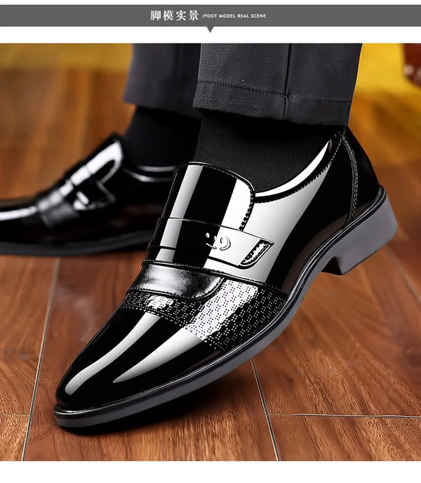 Side view of black leather Oxford shoes with classic design.